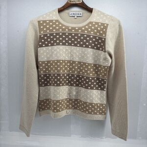 Vintage Jaegar Womens 100% Cashmere Sweater Size Medium Crew Neck Tan Polka Dots